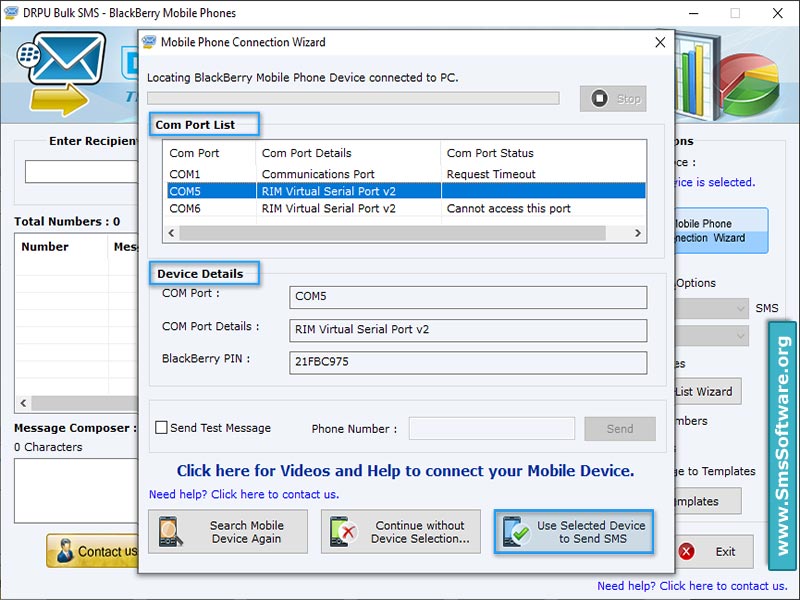 Screenshot of Blackberry SMS Text Messaging Software