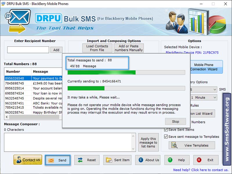 Screenshot of SMS Marketing Blackberry Mobile