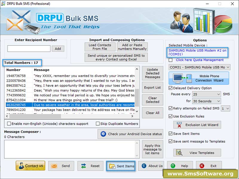 Screenshot of SMS Software for GSM Mobile