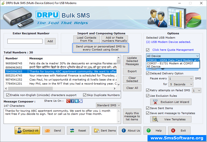 SMS software USB modem send group messages from connected usb modems