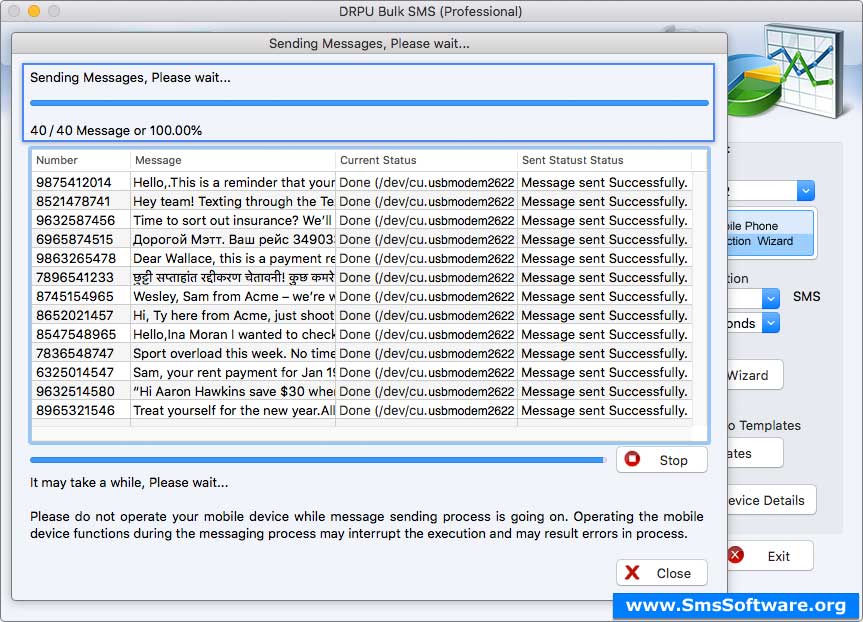 Status of messages sending process