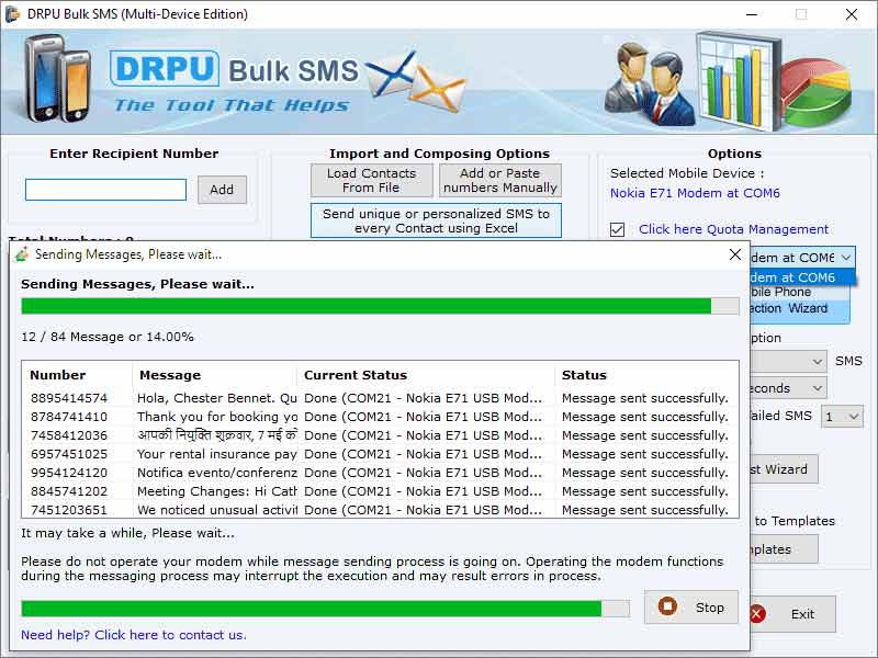 Screenshot of Multiple Devices Bulk SMS Messaging Tool